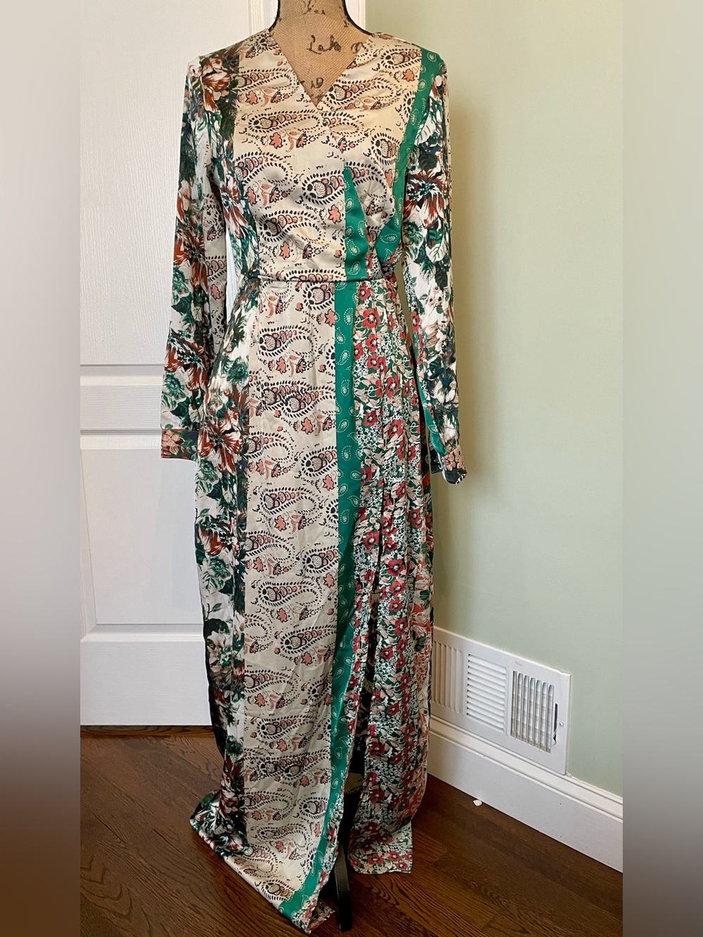 Green & Cream Mixed Floral Patchwork Maxi Dress